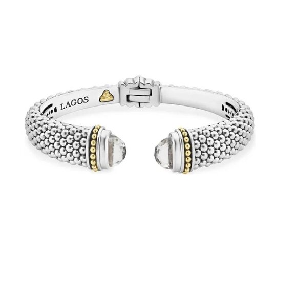 Lagos Rittenhouse White Topaz Cuff Bracelet 12mm Sterling Silver 18k Gold Sz 7/M - Picture 2 of 15